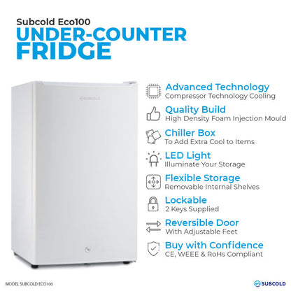 Subcold Eco100 LED Under Counter Fridge - White